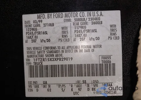 1999 Ford Ranger Xlt z USA, uszkodzony, nr VIN 1FTZR15X3XPB29019